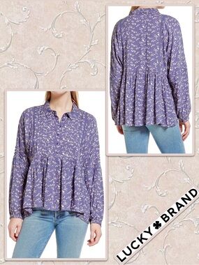 Lucky Brand Floral Long Sleeve Blouse in Blue Multi Cornflower Blue, Red, Cream